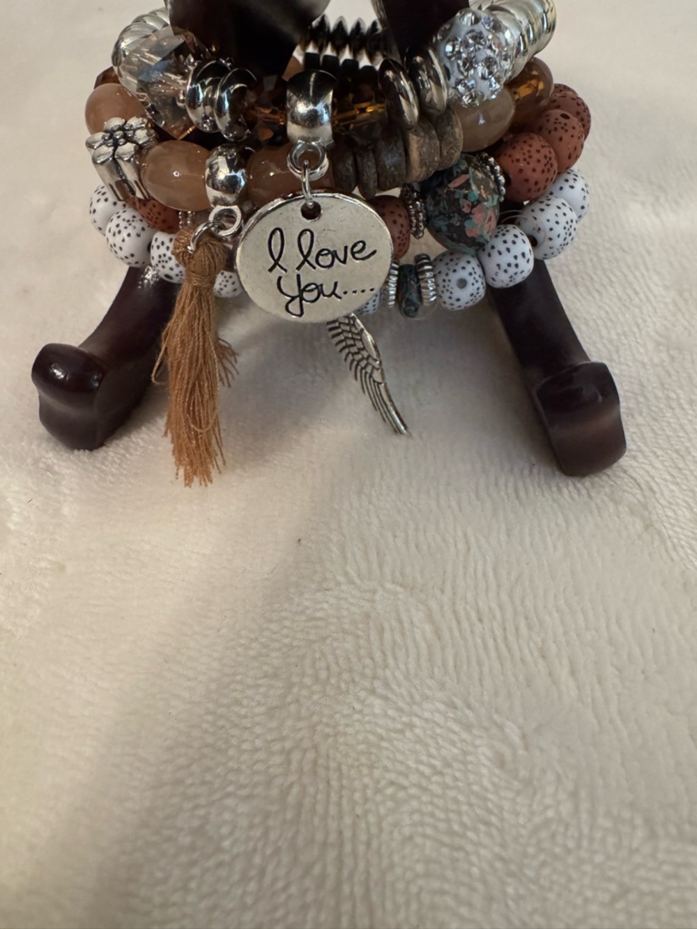 Boho Beaded Multi-Strand Charm Bracelet - I Love You Pendant - Brown & White - Picture 4 of 4